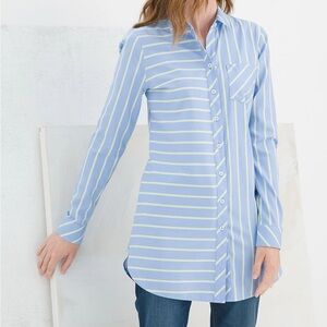Chicos No Iron‎ Button Down Tunic Top Size 2 US Large Blue Green Mixed Stripe